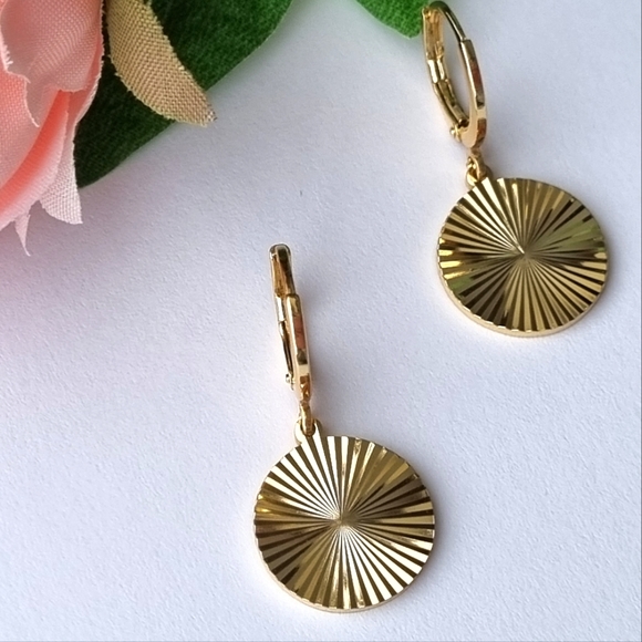 Earrings | Gold Toned | Round, Textured Sunburst | Huggies Hoop Drop Style. 💕 - Picture 15 of 16